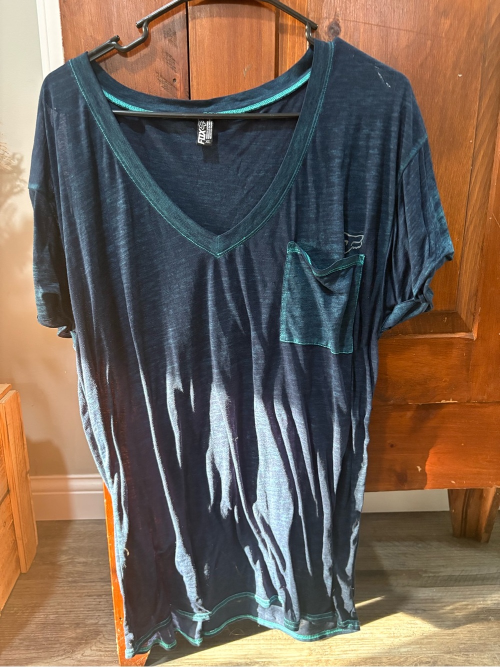 Fox Men's V-Neck Pocket Tee in Navy with Teal Trim